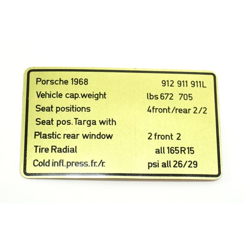 Porsche Tire Pressure Data Sticker
