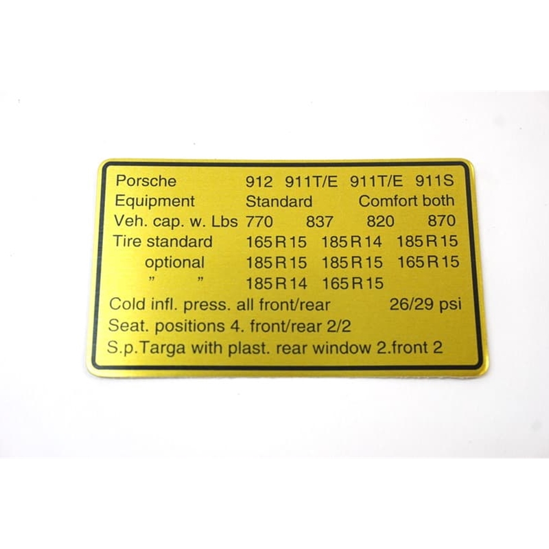 Porsche Tire Pressure Data Sticker