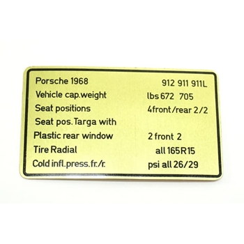 Porsche Tire Pressure Data Sticker
