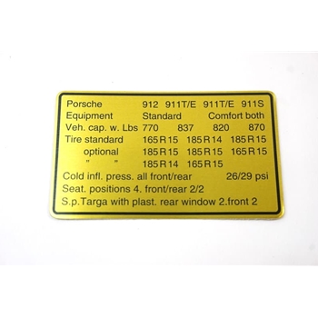 Porsche Tire Pressure Data Sticker